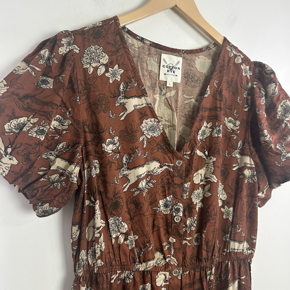 Cotton and Rye Jackalope Print Dress Maxi Size Large Ruffle Cottage Modest - Picture 2 of 10